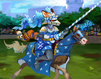 ambiguous_gender anthro armor brown_body brown_fur castle detailed_background fur grass group headgear helmet male melee_weapon orange_body orange_fur plant reins shield sitting sky solo_focus sword tan_body tan_fur tree weapon worm_(artist) mathis_(worm) canid canine fox mammal