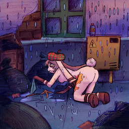 amber_eyes anthro back_alley clothing female fur grey_body grey_fur hat headgear headwear leg_markings markings nude raining socks_(marking) solo puapka lagomorph leporid mammal rabbit digital_media_(artwork) digital_painting_(artwork) hi_res painting_(artwork) sketch