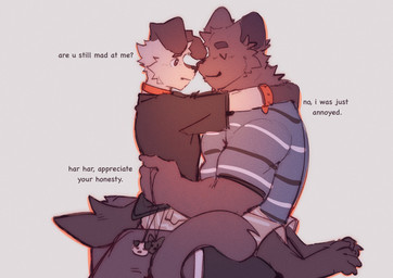 anthro black_body black_bottomwear black_clothing black_eyes black_fur black_pants black_shirt black_topwear blue_clothing blue_shirt blue_topwear bottomwear brown_bottomwear brown_clothing brown_shorts clothing collar duo eyes_closed floppy_ears fur holding_another hug male muscular muscular_anthro muscular_male pants red_collar shirt shorts slim_anthro slim_male standing text topwear white_body white_fur hemuchang pots_(hemuchang) shin_(hemuchang) canid canine canis domestic_dog felid mammal pantherine 2022 english_text hi_res