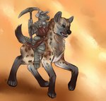 anthro brown_eyes clothing duo female feral fullplate_armor horn male mount pupils purple_eyes purple_sclera raised_weapon rider riding riding_on_back robe tail warpick mca_jabberwocky dnd_homebrew abbi dolk dire_hyena hyena kobold mammal scalie 2015 hi_res