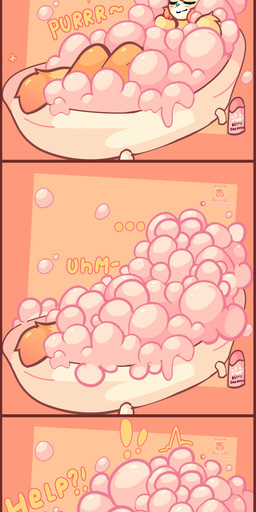 anthro bath bathtub biped border bubble bubble_bath claw_foot_bathtub femboy fur hair humor male partially_submerged red_border relaxing simple_background smile solo tail text water nagifur nagi_(nagifur) felid mammal absurd_res comic digital_media_(artwork) english_text hi_res