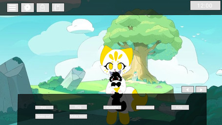 :3 accessory anthro blush blush_lines bow_(feature) bow_ribbon brown_eyes cheek_tuft circle_eyebrows dipstick_tail duo eyebrows eyelashes facial_tuft feet female feral fingers fluffy fluffy_tail fur gloves_(marking) hair_accessory hair_bow hair_ribbon head_tuft holding_another leg_markings markings pawpads pink_pawpads pointy_ears prick_ears ribbons simple_background smile socks_(marking) tail tail_markings tan_body tan_fur toes tuft white_body white_fur yellow_eyes yellow_markings young fox_the_time tristan_hensley canid canine fox mammal flat_colors