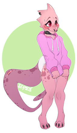 ambiguous_gender anthro blush bottomless clean_diaper clothed clothing collar diaper facial_piercing hoodie nose_piercing piercing pink_body red_eyes shy simple_background solo timid topwear wearing_diaper seamen digital_media_(artwork)