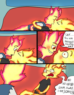 aroused black_clothing blue_clothing blue_topwear blue_vest clothing covering covering_self dialogue duo embarrassed french_kissing furniture kissing makeout male male/male on_top sex sofa sofa_sex text topwear vest wolfmarian disney elemental_(pixar) pixar elemental_creature elemental_humanoid humanoid comic english_text hi_res