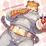 anthro balls_outline barazoku birthday birthday_cake bottomwear bulge cake clothing dessert detailed_bulge food genital_outline hoodie humanoid_hands male muscular muscular_anthro muscular_male one_eye_closed pants penis_outline pink_nose solo text tongue tongue_out topwear wink un0sk felid mammal pantherine tiger 1:1 2016