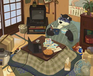 anthro belly big_cheeks black_nose blue_body book calendar chubby_cheeks clothed clothing computer container cup detailed_background electric_fan electronics furniture humanoid_hands inside kemono kotatsu male overweight overweight_male reading sitting solo table white_body hoggan canid canine fox mammal 2024 hi_res