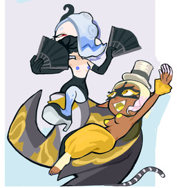 areola blue_nipples breasts casual_exposure clothed clothing duo female nipples pointy_breasts simple_background small_breasts topless yellow_nipples poivre_moulu nintendo splatoon big_man_(splatoon) frye_(splatoon) shiver_(splatoon) aquatic cephalopod fish humanoid inkling mollusk octarian octoling ray_(fish) stingray hi_res