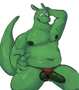 anthro ball_slip balls balls_out belly clothing darkened_balls darkened_genitalia darkened_penis erection foreskin genitals green_body humanoid_genitalia humanoid_penis ineffective_clothing male muscular nipples penis penis_poking_out raised_arm sitting solo swimwear tight_clothing chalaren mythology dragon mythological_creature mythological_scalie scalie hi_res