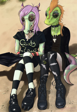 alternative_fashion blush boots clothing coat dark eyewear female footwear goth male shirt shoes simple_background sunglasses sunshade t-shirt topwear vandclash liris rico_(vandclash) rico_useref crocodile crocodilian lizard reptile scalie absurd_res digital_media_(artwork) hi_res trans_(lore) trans_woman_(lore)