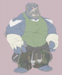 anthro athletic bandage barefoot beard biceps big_muscles biped blue_body blue_fur bottomwear camo claws clothed clothing clothing_around_waist facial_hair feet frown fully_clothed fur grey_background grey_hair grey_nose hair jacket looking_at_viewer male musclegut muscular muscular_anthro muscular_male nipples pants pecs pose red_eyes shirt simple_background solo tank_top teeth toe_claws topwear vest white_body white_fur jarpanda noir_(jarpanda) american_black_bear bear black_bear mammal ursine