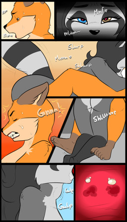 anthro big_breasts bodily_fluids breasts butt duo feet female fur genital_fluids hair looking_at_viewer male nude oral simple_background sweat tail text thick_thighs blackbetty franciene_(tango's_family) lewis_gunn canid canine fox mammal procyonid raccoon 4:7 absurd_res comic hi_res