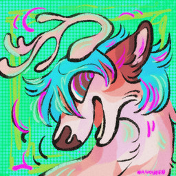 abstract_background ambiguous_form antlers blue_hair brown_body brown_ears brown_eyes brown_fur brown_nose fur green_background hair highlights_(coloring) horn male psychedelic purple_highlights short_hair side_view simple_background smile solo spiral spiral_eyes tan_antlers tan_body tan_fur tan_horn teeth tongue nanoyeen nugamus deer mammal 1:1 2025 colorful_theme digital_drawing_(artwork) digital_media_(artwork) headshot_portrait icon portrait