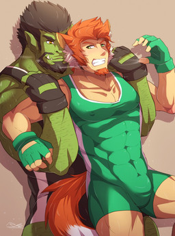 abs beard black_hair bulge clothing duo facial_hair full_nelson full_nelson_(arms_held) fur hair humanoid_pointy_ears male male/male muscular muscular_male nipple_outline nipples pecs pointy_ears red_hair teeth tusks wrestling wrestling_singlet rabbity animal_humanoid canid canid_humanoid canine canine_humanoid fox fox_humanoid humanoid mammal mammal_humanoid orc hi_res