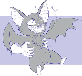 anthro belly black_body black_fur disembodied_hand duo fur laugh male sharp_teeth shortstack shortstack_male slightly_chubby teeth tickle_fetish tickle_torture tickling wings jimfoxx bandai_namco digimon chiropmon digimon_(species) human mammal hi_res