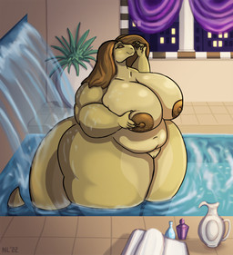 anthro areola bath belly big_breasts breasts container female genitals green_body green_scales hair hand_on_breast huge_breasts huge_thighs multicolored_body multicolored_scales navel nipples non-mammal_breasts obese obese_anthro obese_female overweight overweight_anthro overweight_female rinsing scales solo thick_thighs two_tone_body two_tone_scales vulva water neon_lizard yassira_(xxsparcoxx) alligator alligatorid crocodilian reptile scalie 2022 digital_media_(artwork) hi_res