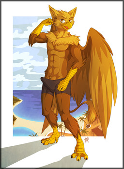 abs anthro beach beak biceps boxers_(clothing) brown_body brown_fur bulge claws clothed clothing detailed_bulge erection erection_under_clothing feathered_wings feathers feet fur genitals landscape_dwarfing looking_at_viewer macro male muscular muscular_anthro muscular_male outside paws pecs penis smile solo tail toes topless underwear wings gothwolf mythology carpo avian gryphon mythological_avian mythological_creature