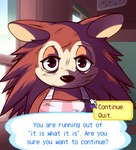 anthro apron blank_stare brown_body brown_eyes clothing depression dialogue ears_down female freckles gameplay_mechanics inside lidded_eyes looking_at_viewer pivoted_ears scratches solo speech_bubble text tired tired_eyes guywiththepie animal_crossing cyberpunk_edgerunners nintendo sandevastated_(meme) sable_able eulipotyphlan hedgehog mammal 2023 bust_portrait digital_media_(artwork) english_text meme portrait