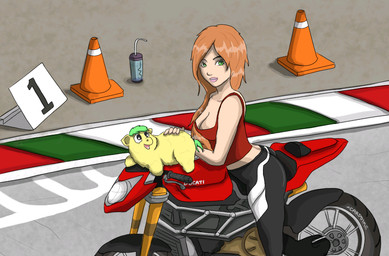 ambiguous_feral ambiguous_gender biker black_bottomwear black_clothing black_eyes black_pants bottle bottomwear breasts brown_hair cleavage clothed clothed_human clothing container duo female female_human feral fur green_eyes green_hair green_tail hair italian_flag light_body light_skin lips midriff motorcycle open_mouth pants pink_lips red_camisole riding_motorcycle smile tail traffic_cone vehicle yellow_body yellow_fur young young_ambiguous young_feral carpdime ducati_(motorcycle) fluffy_pony fluffy_pony_(species) human mammal digital_media_(artwork) shaded