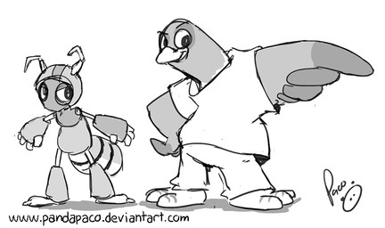 antennae_(anatomy) anthro beak bottomwear clothed clothing duo logo male male_anthro mouth_closed pants shirt simple_background standing t-shirt text topwear pandapaco ant arthropod avian bird columbid dove hymenopteran insect artist_logo monochrome signature sketch url
