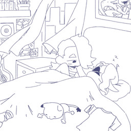 bedroom blinds chest_wraps detailed_background duo electric_guitar eyes_closed female guitar inside musical_instrument photo pillow plucked_string_instrument pseudo_hair sleeping sound_effects string_instrument under_covers vowelless vowelless_sound_effect window wraps zzz boffix nintendo splatoon big_man_(splatoon) callie_(splatoon) frye_(splatoon) marie_(splatoon) master_mega_(splatoon) shiver_(splatoon) cephalopod domestic_cat felid feline felis fish humanoid inkling mammal manta_ray marine mollusk octarian octoling ray_(fish) 1:1 2025 digital_drawing_(artwork) digital_media_(artwork) hi_res monochrome