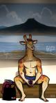 anthro biped bottomwear brown_hair clothed clothing fur hair male mascot nipples shorts sitting solo spots text topless yellow_body yellow_fur bgn toys_"r"_us geoffrey_the_giraffe giraffe giraffid mammal english_text hi_res