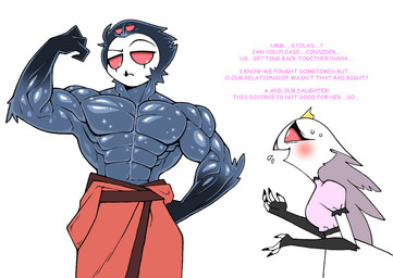 4_eyes abs anthro beak blue_body blue_feathers blush bodily_fluids dialogue duo eyebrows feathers female fingerless_(marking) flexing flexing_bicep glistening glistening_arms glistening_muscles glistening_pecs looking_down looking_down_at_another looking_up_at_another male multi_eye muscular muscular_arms muscular_male open_beak open_mouth pecs raised_eyebrow red_sclera simple_background sweat sweatdrop text towel towel_only white_background white_body white_feathers gunbangjindog hellaverse helluva_boss stella_(helluva_boss) stolas_(helluva_boss) avian bird demon owl owl_demon absurd_res english_text hi_res