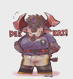 anthro blush brown_body brown_fur bulge chibi eyebrows facial_hair fur grin horn male muscular muscular_anthro smile solo thick_eyebrows igarashi_ta lifewonders live_a_hero obsidius bovid bovine cattle mammal hi_res