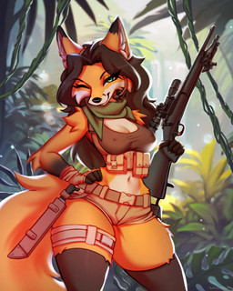 anthro female fur green_eyes gun hand_on_hip inner_ear_fluff machete melee_weapon navel nipple_outline one_eye_closed orange_body orange_fur ranged_weapon scarf smile solo tuft weapon wink amarihel canid canine fox mammal hi_res