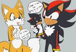 anthro black_body black_fur dialogue duo fur grey_background male open_mouth open_smile simple_background smile text yellow_body yellow_fur bloowolfy sega sonic_the_hedgehog_(series) miles_prower shadow_the_hedgehog canid canine eulipotyphlan fox hedgehog mammal english_text