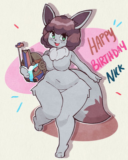 anthro armor birthday_gift blue_eyes blush brown_hair curly_hair female freckles fur grey_body grey_fur hair happy_birthday headgear helmet holding_object mandalorian mandalorian_armor multicolored_body multicolored_fur smile smiling_at_viewer solo thick_thighs nupi nintendo pokemon star_wars cadence_(nickzilla) clone_trooper eevee generation_1_pokemon pokemon_(species) shiny_pokemon hi_res
