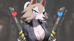 anthro blue_eyes blush breasts cleavage clothed clothing collarbone eyebrow_piercing facial_piercing female fur holding_object piercing solo drunk_oak nintendo pokemon generation_7_pokemon lycanroc midday_lycanroc pokemon_(species) 16:9 2023 hi_res widescreen