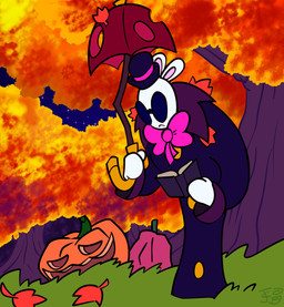 anthro autumn blue_clothing blue_eyewear blue_hat blue_headwear blue_sky blue_sunglasses blue_trenchcoat book bow_tie clothed clothed_anthro clothed_male clothing eyewear food for_a_head forest fruit fur hat headgear headwear holding_book holding_object holding_umbrella jack-o'-lantern leaf long_ears male male_anthro mitten_hands noseless open_book outside pink_bow_tie pink_inner_ear plant pumpkin reading reading_book sky solo standing star starry_sky sunglasses tree umbrella white_body white_fur carbonated-jem mario_bros mario_plus_rabbids_sparks_of_hope nintendo raving_rabbids rayman_(series) ubisoft t.s._woodrow lagomorph mammal rabbid 2022 absurd_res crossover digital_drawing_(artwork) digital_media_(artwork) english_description flat_colors hi_res