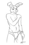 anthro arm_at_side bent_ears briefs bulge chin_tuft clothing ear_piercing ear_ring facial_tuft hair hand_on_shoulder long_ears looking_at_viewer male navel navel_piercing piercing ring_piercing short_hair simple_background smile solo tighty_whities tuft underwear whiskers white_briefs white_clothing white_underwear wristband conditional_dnp moodyferret lagomorph leporid mammal rabbit 2009 black_and_white digital_media_(artwork) greyscale monochrome