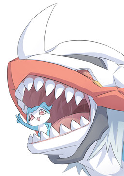ambiguous_gender blue_body duo gesture hand_gesture larger_ambiguous open_mouth pink_tongue red_body sharp_teeth size_difference smaller_ambiguous teeth tongue v_sign vore white_body rusho bandai_namco digimon digimon_(species) hi_res