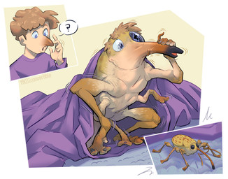 6_legs blue_eyes brown_body clothing exoskeleton feral human_to_feral male nude open_mouth purple_clothing purple_shirt purple_topwear question_mark shirt shrinking simple_background size_transformation solo species_transformation standing surprised three_frame_sequence topwear transformation transformation_sequence mkiiiconvertible arthropod beetle human insect mammal weevil 2026 absurd_res digital_media_(artwork) hi_res sequence