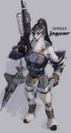 aircraft anthro biped breasts clothed clothing electronics female fluffy fur hair headphones holding_object holding_weapon looking_at_viewer ponytail ranged_weapon solo standing vehicle visor weapon hideki_kaneda badger mammal mustelid musteline digital_media_(artwork) hi_res