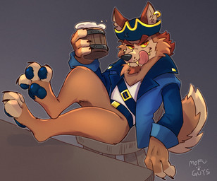 anthro beard belt bottomless bottomless_male brown_body brown_fur cheek_tuft chest_tuft claws clothed clothing coat container cup ear_piercing ear_ring facial_hair facial_tuft finger_claws foam foot_on_table fur furniture holding_container holding_cup holding_object licking licking_lips looking_at_viewer male orange_body orange_fur pawpads piercing pirate pirate_hat ring_piercing sash sitting smile smiling_at_viewer smirk smirking_at_viewer solo stool table tan_body tan_fur toe_claws tongue tongue_out topwear tuft mofu_guys skurv_the_coyote_(indigo_park) canid canine canis coyote mammal hi_res