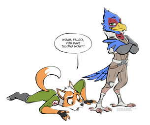 anthro avian_feet beak blue_body blue_feathers claws clothed clothing crossed_arms duo facial_tuft feather_hands feathers feet footwear fur furgonomic_footwear furgonomics looking_at_foot male open_mouth orange_body orange_fur red_body red_feathers scales simple_background speech_bubble tail tail_feathers talons tear_trough text toes tuft white_background white_body white_fur serareldeer nintendo star_fox star_fox_(2026) falco_lombardi fox_mccloud avian bird canid canine falcon falconid fox mammal english_text hi_res signature