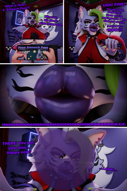 ambiguous_gender anthro breasts duo female female/ambiguous first_person_view kiss_mark kissing kissing_pov lips text thick_lips thick_thighs wide_hips supersuperrare reivene3d_(modeler) five_nights_at_freddy's five_nights_at_freddy's:_security_breach scottgames steel_wool_studios roxanne_wolf canid canine canis humanoid mammal wolf absurd_res hi_res huge_filesize