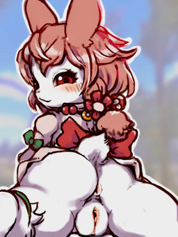 accessory anthro anus biped blush bottomless bottomless_anthro bottomless_female bow_ribbon braided_hair butt clothed clothing detailed_background female fur furgonomics game_background genitals hair legband looking_at_viewer looking_back looking_back_at_viewer lying on_front outline photo_background pink_hair plantigrade presenting presenting_hindquarters presenting_vulva rear_view red_eyes ribbons short_hair slim slim_anthro slim_female solo tail tail_accessory tail_bow tail_ribbon vulva white_body white_fur white_outline diru caravan_stories oki_(caravan_stories) gessy lagomorph leporid mammal rabbit 2023 3:4 digital_drawing_(artwork) digital_media_(artwork) hi_res mixed_media photography_(artwork)