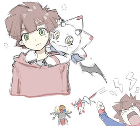 anthro black_claws brown_hair chibi claws clothing duo_focus green_eyes group hair hoodie horn kerchief male neckerchief neckwear topwear trio white_body wings yellow_eyes ybhk77 bandai_namco digimon hiro_amanokawa asuramon canoweissmon digimon_(species) gammamon human humanoid mammal