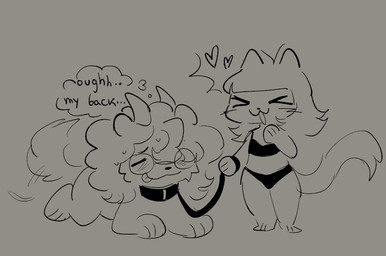 >_< anthro bodily_fluids bra brown_background clothing collar curly_hair duo eyes_closed eyewear female glasses hair holding_leash holding_object leash male panties paws round_glasses simple_background smile standing sweat tail text tongue tongue_out underwear x3 chewtoyys lucky_(chewtoyys) canid canine canis domestic_cat domestic_dog felid feline felis mammal 2025 english_text sketch nonbinary_(lore)