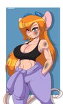 anthro big_breasts bottomwear bra breasts chip_'n_dale_rescue_rangers cigarette clothing dirty disney eyewear female gadget_hackwrench goggles hair hand_in_pocket hi_res long_hair looking_at_viewer mammal mastergodai midriff mouse murid murine orange_hair pants pockets rodent scuff solo sports_bra sweater sweatpants topwear underwear