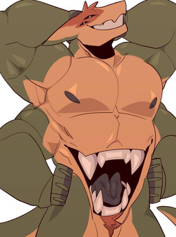 4_arms anthro belly_mouth biceps ears_down hand_behind_head looking_at_viewer male multi_arm multi_eye multi_limb multi_mouth multicolored_body muscular muscular_anthro muscular_male nipples open_mouth pecs pivoted_ears pubes smile smiling_at_viewer solo tail teeth teeth_showing tongue 000atanerriaper000 gemini_the_sergal sergal hi_res
