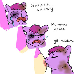 >_< ambiguous_feral ambiguous_gender baby_talk bodily_fluids breastfeeding breasts bruised bruised_eye crying dialogue disembodied_breasts duo eyes_closed feces feces_on_body feces_on_face female feral good_parenting milk open_mouth pained_expression simple_background snot solo_focus sucking tears text white_background young young_ambiguous young_feral squeegull fluffy_pony fluffy_pony_(species) mammal 1:1 2025 absurd_res comic digital_media_(artwork) english_text flat_colors hi_res