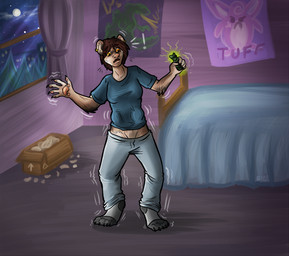 5_fingers bed bedroom blue_clothing blue_shirt blue_topwear bottomwear box breasts clothing container curtains denim denim_bottomwear denim_clothing exclamation_point female fingers footwear fur furniture green_glow holding_object jeans magic_object mid_transformation motion_lines open_mouth orange_eyes pants pawpads poster shirt socks solo surprised text topwear transformation keetahspacecat human mammal english_text