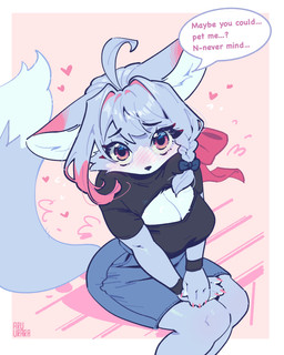 accessory ahoge anthro big_breasts black_nose braided_hair breasts cleavage clothed clothing dipstick_tail female fur grey_body grey_fur grey_hair hair hair_accessory hair_ribbon heart_symbol high-angle_view kemono looking_at_viewer looking_up looking_up_at_viewer markings natural_breasts petting_request pink_eyes pleading_eyes ribbons shirt sitting solo speech_bubble tail tail_markings text topwear white_tail_tip aruurara fell_(aruurara) canid canine canis mammal wolf 2025 absurd_res english_text hi_res