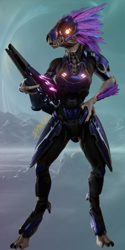 3_fingers 3_toes anthro arm_feathers arm_tuft armor barefoot beak breasts claws codpiece cuisse digitigrade face_covered feather_hair feathered_crest feathers feet female finger_claws fingers glowing glowing_eyes grey_body hand_on_hip head_crest headgear helmet holding_object holding_ranged_weapon holding_weapon landscape_background needle_rifle non-mammal_breasts orange_eyes pseudo_hair purple_body purple_feathers ranged_weapon sharp_teeth solo spaulder spurs_(anatomy) standing teeth toe_claws toes tuft weapon synca pickle_juice_(modeler) halo_(series) microsoft xbox_game_studios alien avian kig-yar scalie t'vaoan 3d_(artwork) digital_media_(artwork)