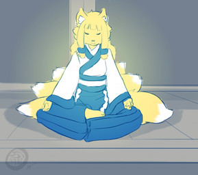 5_fingers 9_tails anthro anthrofied asian_clothing barefoot biped blonde_hair clothed clothing crossed_legs crosslegged_pose east_asian_clothing eyes_closed feet female fingers front_view fur hair japanese japanese_clothing kimono long_hair lotus_pose meditation multi_tail pigtails pokemorph priest puffy sailee sitting smile solo tail temple cainethelongshot nintendo pokemon canid canine generation_1_pokemon mammal ninetales pokemon_(species)