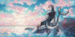 anthro cloud detailed_background fin landscape male membrane_(anatomy) nature nature_background nude outside pink_cloud red_eyes rock sea seascape sitting sky smile solo splash sunset tail water wave tailbyte makgen_rurkuk cetacean dolphin mammal marine toothed_whale cloudy_(disambiguation) 2023 2:1 absurd_res detailed digital_media_(artwork) digital_painting_(artwork) hi_res shaded signature